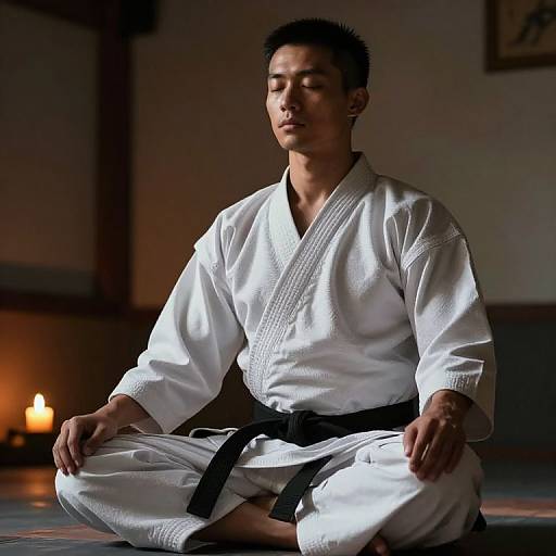 Photograph of an Asian man with short black hair, meditating in a white judo gi with black belt, seated cross-legged, candlelit background