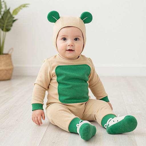 Photograph of a baby with light skin, wearing a beige and green frog-themed onesie, sitting on a wooden floor, looking forward. Background includes