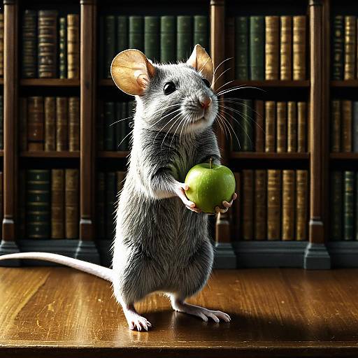 Mouse Holding Green Apple in Vintage Library