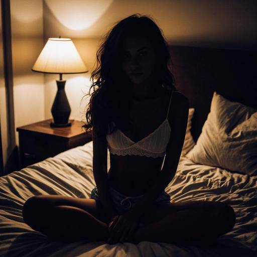Silhouette of Woman Sitting on Bed in Dimly Lit Room