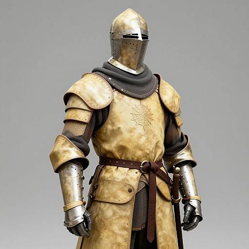 Photograph of a medieval knight in shiny gold armor with a star emblem, black mesh sleeves, brown belt, and black scarf, standing against a gray