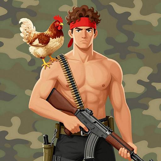 Muscular Soldier with Chicken on Shoulder