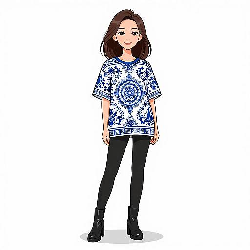 Smiling Woman in Porcelain Pattern Tee