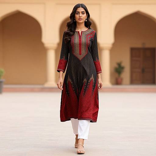 Female Model in Kurta Walking Courtyard