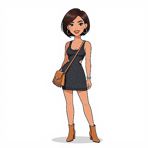 Digital illustration of a cute, short-haired Asian woman in a black, sleeveless dress, brown ankle boots, and a tan fringe purse.
