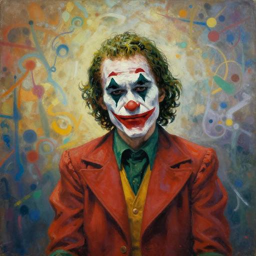 Digital painting of a clown with white face paint, black eyes, red nose, and red smile, wearing a red jacket, yellow vest, and green