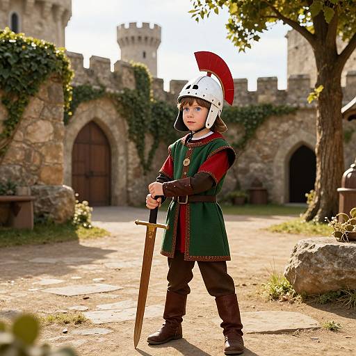 Young Boy in Sunlit Medieval Courtyard