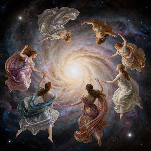 Digital art of six ethereal, flowing-robed women with diverse hair colors, circling a bright, swirling galaxy in a starry cosmos.