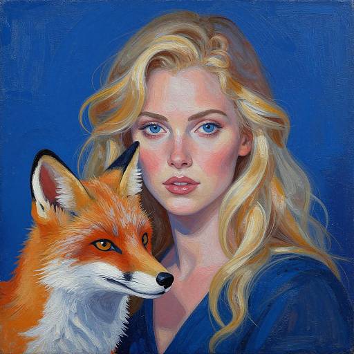 Digital painting of a blonde woman with blue eyes, wearing a dark blue top, standing beside a red fox with white and black accents, against a vibrant