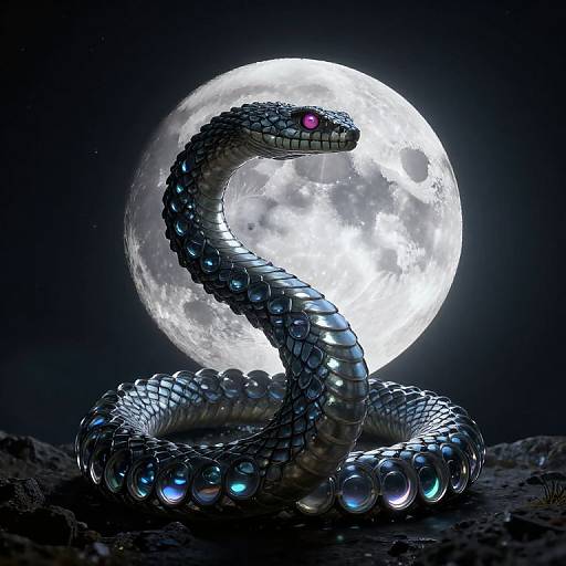 Digital artwork of a metallic, serpent-like creature with glowing red eyes, coiled around a bright, full moon in a dark night sky.