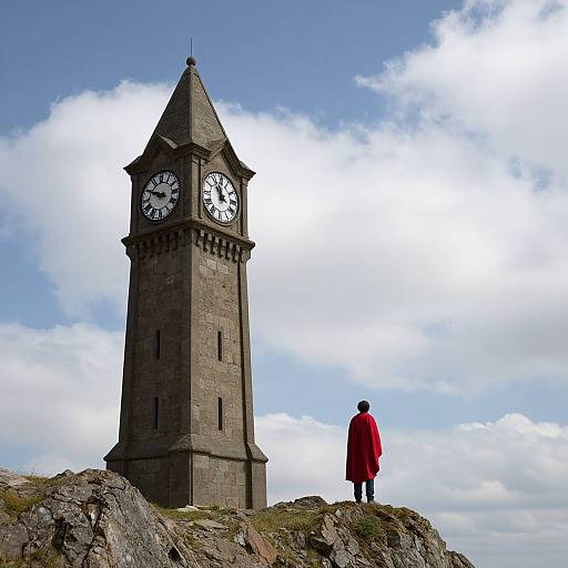 Photograph: A person in a red coat stands on rocky ground, facing a tall, stone clock tower with a pointed roof, against a bright,