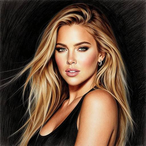 Digital portrait of a beautiful blonde woman with blue eyes, wearing a black top, against a black background. Her wavy hair frames her face, and