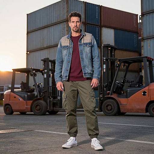 Photograph of a bearded man in a denim jacket, black shirt, olive cargo pants, and white sneakers, standing in a warehouse with orange for