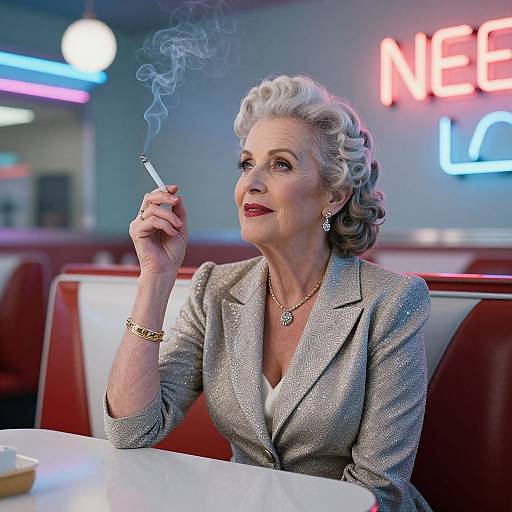 Photograph of an elegant elderly woman with silver hair, smoking a cigarette in a 50s-style diner, wearing a sparkly gray blazer and
