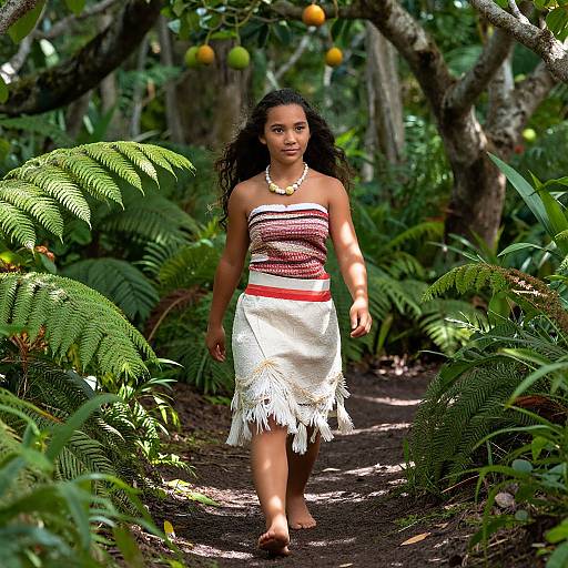 Photograph of a young girl with dark curly hair, wearing a strapless, striped top and white, fringed skirt, walking through a lush,