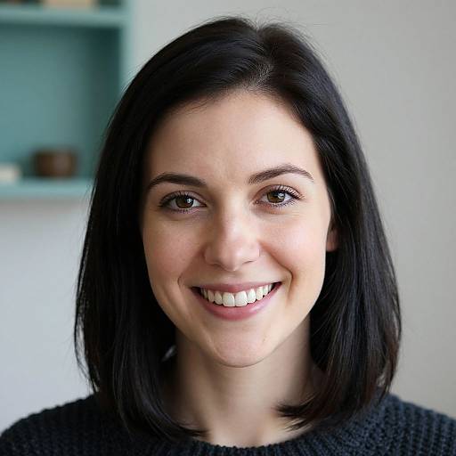 Photograph of a smiling woman with straight black hair, fair skin, and brown eyes, wearing a black knit sweater, against a blurred light blue shelf