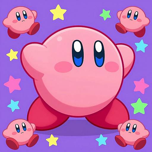 Digital illustration of Kirby, a pink, round, blue-eyed character with red legs, surrounded by five smaller Kirbies and colorful stars on a purple background