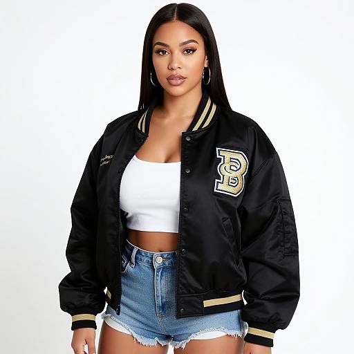 Photograph of a confident woman with long black hair, wearing a black letterman jacket, white crop top, and high-waisted denim shorts,