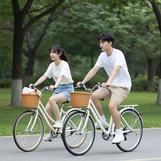 Photograph of an Asian couple riding white bicycles with wicker baskets in a lush, green park, both wearing white shirts and shorts.