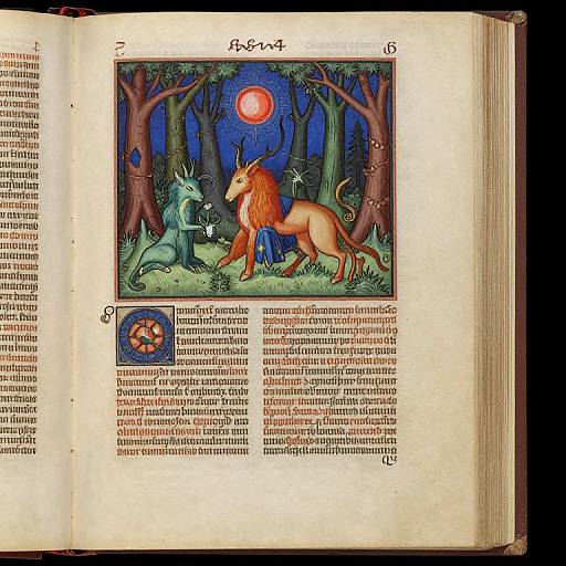 Illustrated page from an ancient book: a vibrant forest scene with a full moon, green wolf, and orange lion, surrounded by text in an ancient