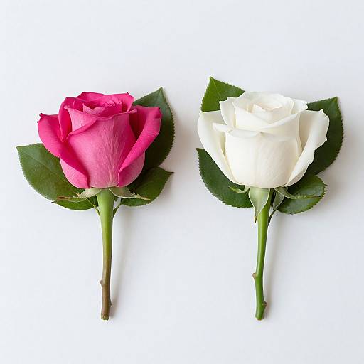 Photograph of two roses, one pink and one white, with green leaves, placed side by side against a white background.