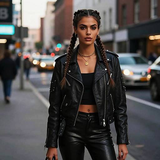 Photograph of a confident woman with braided hair, wearing a black leather jacket and pants, gold necklace, standing on a busy urban street at dusk
