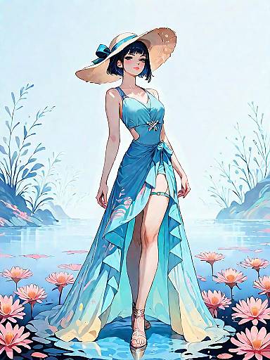 Stylish Woman in Blue Dress with Sun Hat by Water Lilies