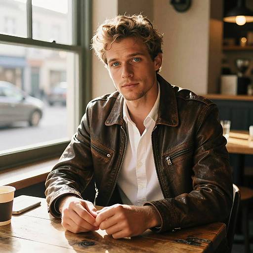 Photograph of a handsome, blue-eyed young man with tousled blonde hair, wearing a brown leather jacket over a white shirt, sitting at a sun