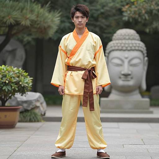 Asian Man in Yellow Martial Arts Robe Outdoors