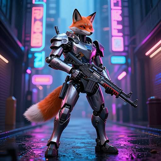Digital art: anthropomorphic fox in futuristic, silver armor holding a rifle, standing in a neon-lit, rainy urban alley. Bright blue and pink