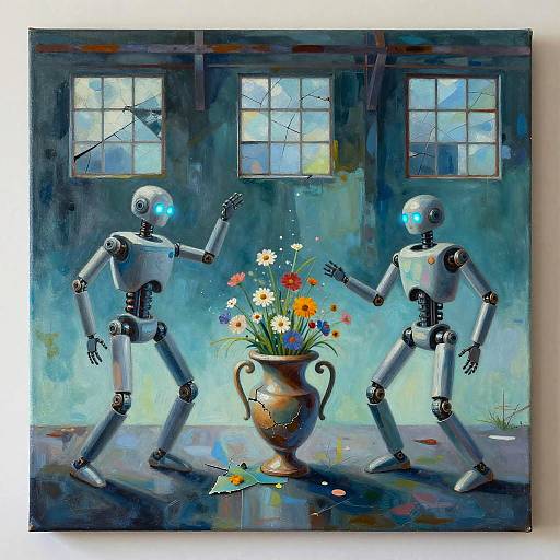 Futuristic Robots Dancing in Warehouse