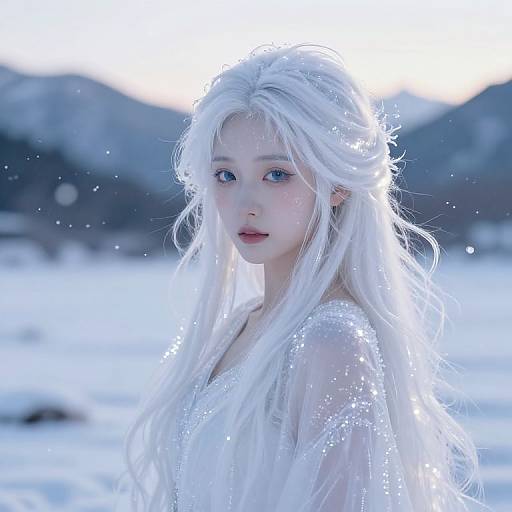 Photograph of a young woman with long, flowing white hair, blue eyes, and fair skin, standing in a snowy landscape with mountains in the background