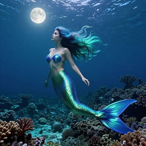 Photograph-style digital art of a glowing blue mermaid with long teal hair, shimmering scales, and a full moon above, swimming gracefully over a