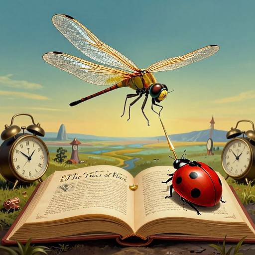 Digital illustration of a dragonfly and ladybug on an open book, surrounded by clocks, set against a sunny landscape.
