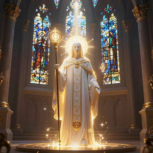 Photograph of a glowing, illuminated statue of a robed saint holding a staff, standing on a circular fiery platform in a Gothic-style church with colorful