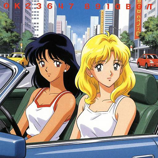 Anime-style digital drawing of two women with black and blonde hair in white tank tops, driving a blue convertible in a busy cityscape with tall buildings and