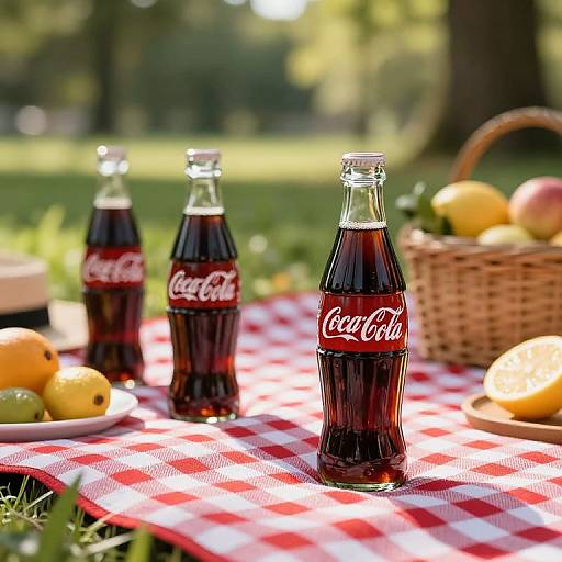 Photograph of three Coca-Cola bottles on a red-and-white checkered picnic blanket, with a wicker basket of lemons and limes, set