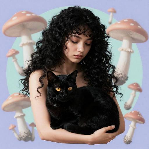 Girl with Black Cat and Psychedelic Mushrooms