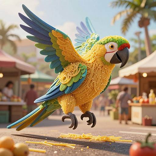 Spaghetti Parrot in Tropical Marketplace Scene