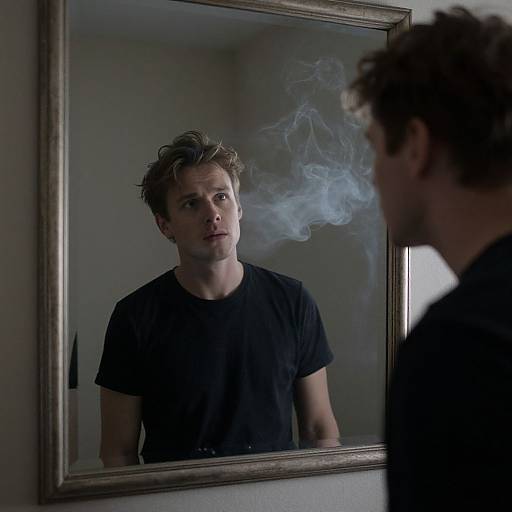 Photograph of a young man with tousled brown hair, wearing a black t-shirt, staring at his reflection in a mirror while exhaling visible smoke