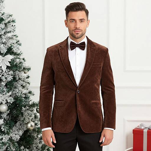 Photograph of a handsome man with short dark hair, trimmed beard, wearing a brown velvet suit, white shirt, black bow tie, standing in front