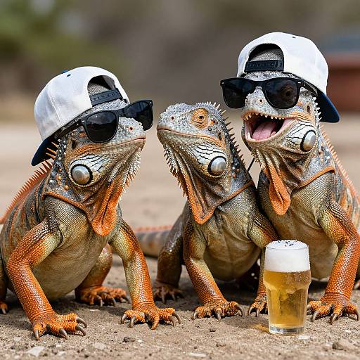 Photograph of three iguanas wearing white caps and black sunglasses, smiling with one iguana's mouth open near a foamy beer glass.