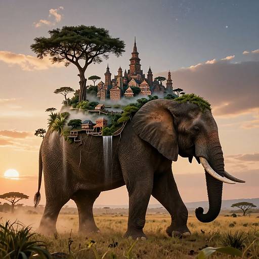 Digital artwork of a fantasy elephant with a medieval castle on its back, standing in a savanna at sunset. The elephant has lush greenery and a