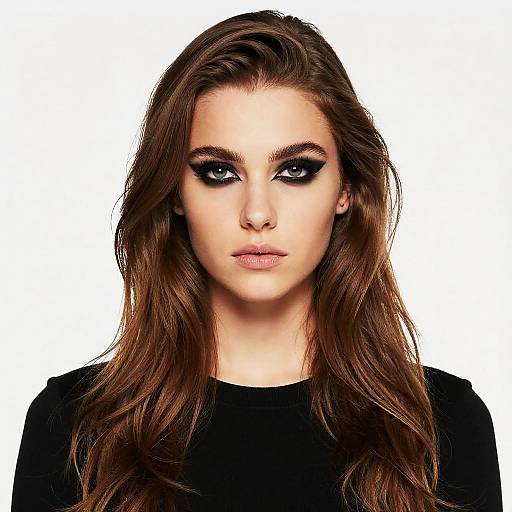 Photograph of a young woman with long, wavy brown hair, wearing black makeup and a black top, against a white background.