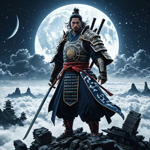 Celestial Samurai in Floating Ruins at Night