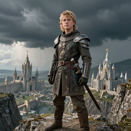 Photograph of a blonde, young man in medieval armor standing on a rocky cliff, looking forward, with a grand castle cityscape and dark stormy