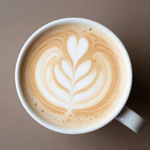 Top-down photo of a latte with a heart-shaped leaf foam pattern in a white cup on a gray surface.