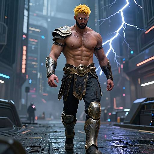 CGI image of a muscular, shirtless man with yellow hair and beard, wearing gold armor and dark pants, walking down a neon-lit,