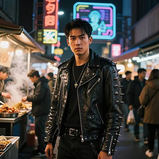 Spiky Leather Jacket at Neon Night Market