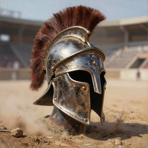 Photograph of a shiny, silver Greek-style gladiator helmet with a dark red plume, set in a dusty arena with blurred stadium seats in the